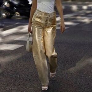 Zara limited edition gold metallic high rise boyfriend jeans